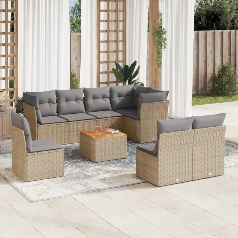 vidaXL Set de sofás de jardín 9 pzas con cojines ratán sintético beige vidaXL Set de sofás de jardín 9 pzas con cojines ratán sintético beige