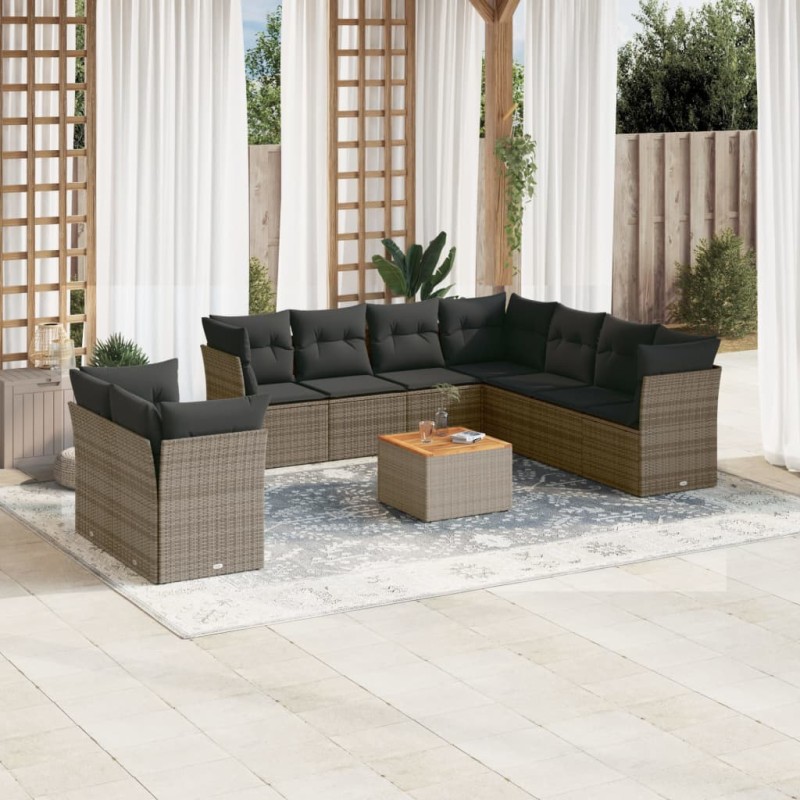 vidaXL Set de sofás de jardín 10 pzas con cojines ratán sintético gris vidaXL Set de sofás de jardín 10 pzas con cojines ratán sintético gris