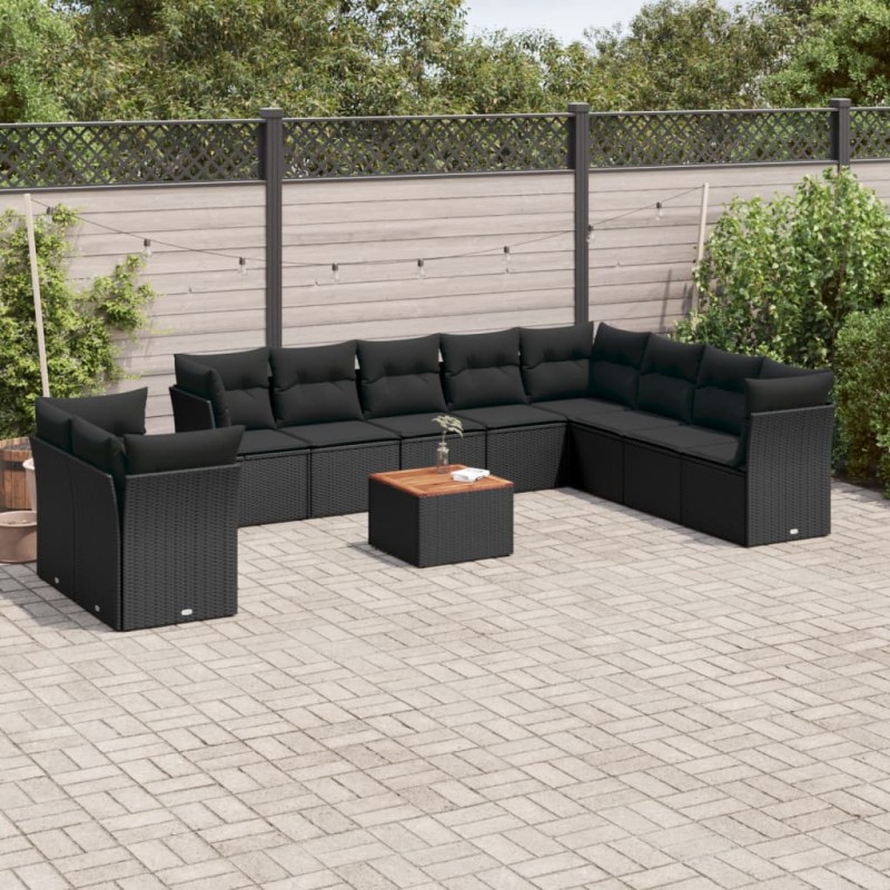 vidaXL Set de sofás de jardín 11 pzas y cojines ratán sintético negro