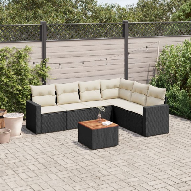 vidaXL Set de comedor de jardín 7 pzas y cojines ratán sintético negro