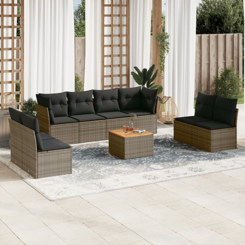 vidaXL Set de muebles de jardín 9 pzas y cojines ratán sintético gris vidaXL Set de muebles de jardín 9 pzas y cojines ratán sintético gris