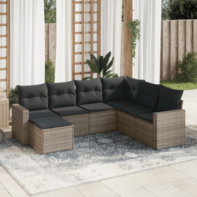 vidaXL Set de sofás de jardín 7 piezas con cojines ratán PE gris vidaXL Set de sofás de jardín 7 piezas con cojines ratán PE gris