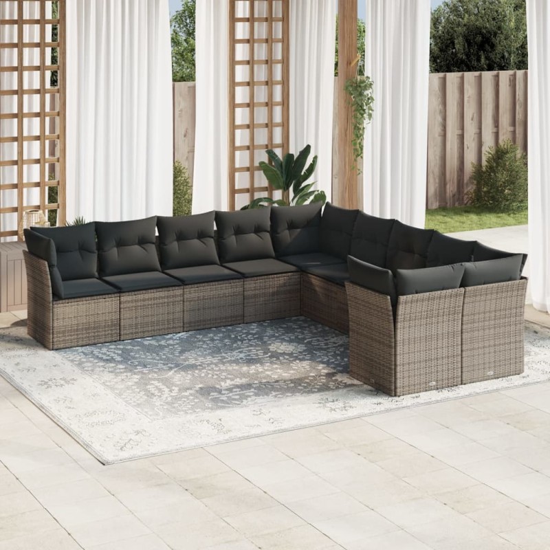vidaXL Set de sofás de jardín 10 pzas con cojines ratán sintético gris vidaXL Set de sofás de jardín 10 pzas con cojines ratán sintético gris