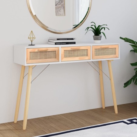 vidaXL Mesa consola madera pino maciza ratán natural 105x30x75 cm