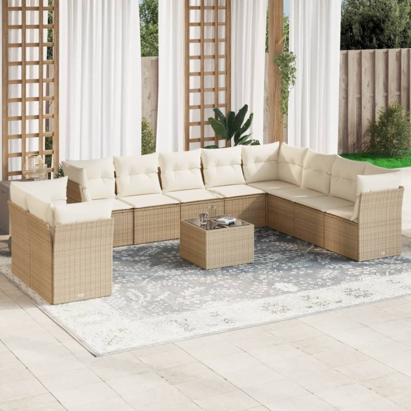 vidaXL Set de sofás de jardín 11pzas con cojines ratán sintético beige vidaXL Set de sofás de jardín 11pzas con cojines ratán sintético beige