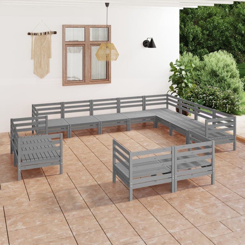 vidaXL Juego de muebles de jardín 12 piezas madera maciza de pino gris