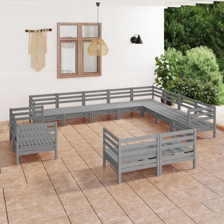 vidaXL Juego de muebles de jardín 12 piezas madera maciza de pino gris