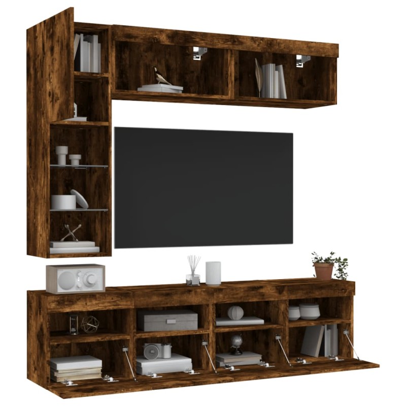 vidaXL Muebles de TV de pared con luces LED 7 piezas roble ahumado vidaXL Muebles de TV de pared con luces LED 7 piezas roble ahumado