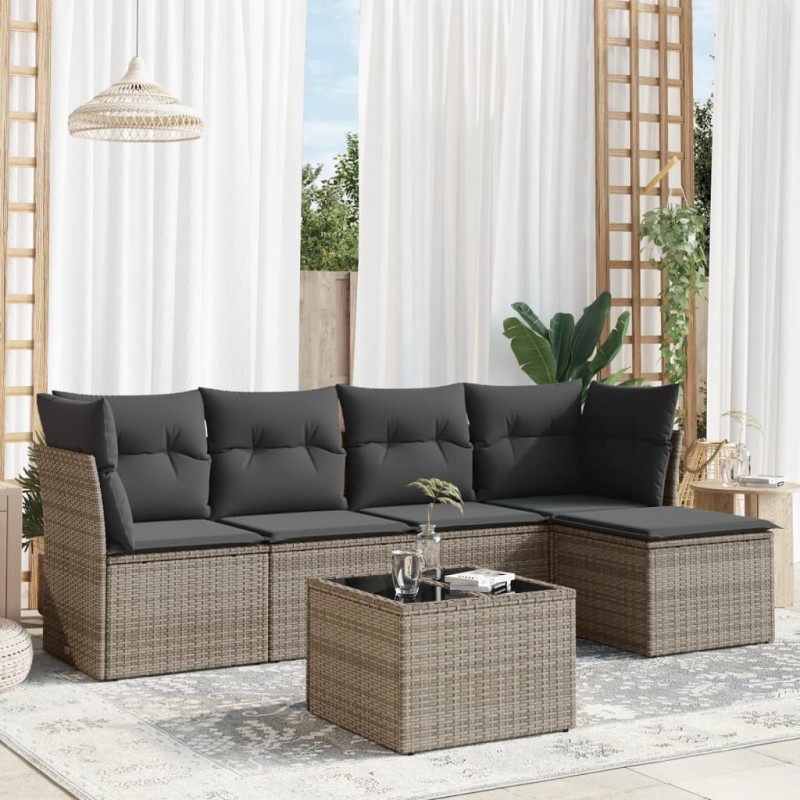 vidaXL Set de muebles de jardín 6 pzas y cojines ratán sintético gris vidaXL Set de muebles de jardín 6 pzas y cojines ratán sintético gris
