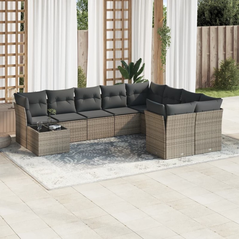 vidaXL Set de sofás de jardín 10 pzas con cojines ratán sintético gris vidaXL Set de sofás de jardín 10 pzas con cojines ratán sintético gris