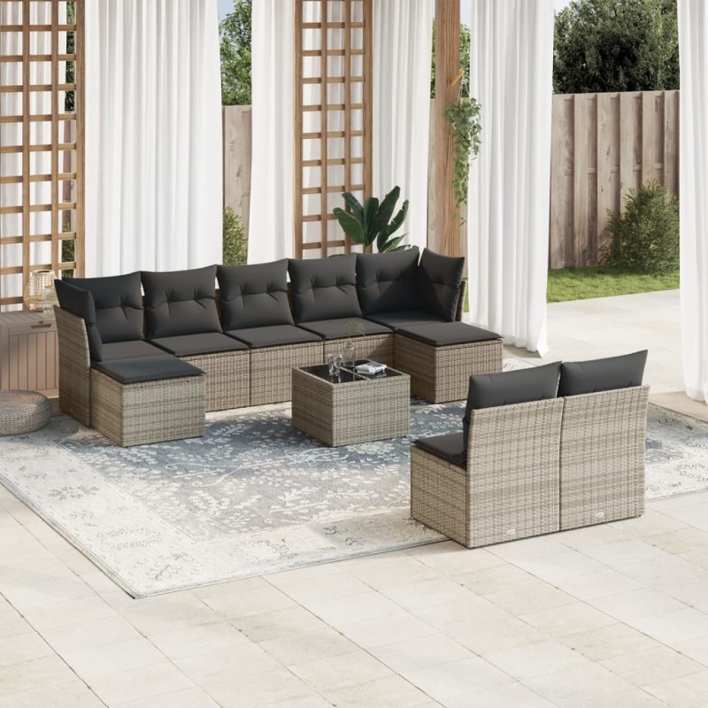 vidaXL Set de sofás de jardín 10 pzas con cojines ratán sintético gris vidaXL Set de sofás de jardín 10 pzas con cojines ratán sintético gris