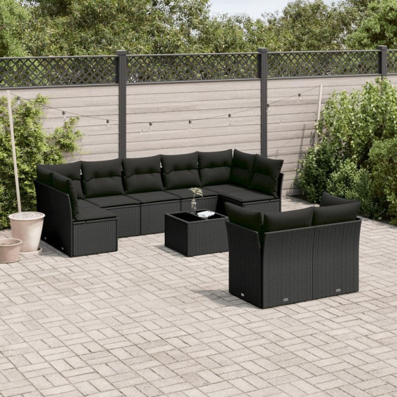 vidaXL Set de sofás de jardín 10 pzas cojines ratán sintético negro vidaXL Set de sofás de jardín 10 pzas cojines ratán sintético negro