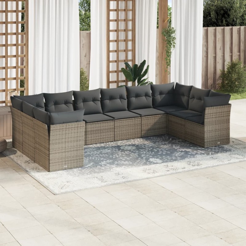 vidaXL Set de sofás de jardín 10 pzas con cojines ratán sintético gris vidaXL Set de sofás de jardín 10 pzas con cojines ratán sintético gris