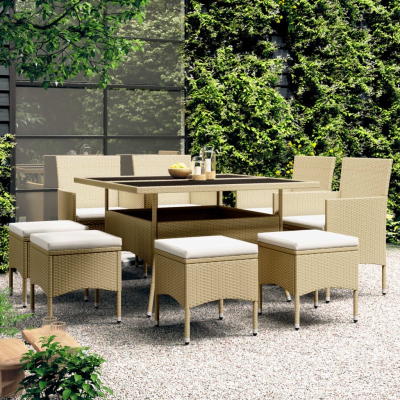 vidaXL Juego de comedor de jardín 9 piezas ratán sintético beige vidaXL Juego de comedor de jardín 9 piezas ratán sintético beige