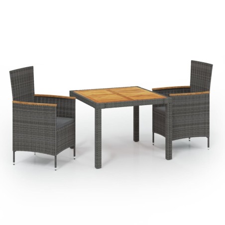 vidaXL Set de comedor de jardín 3 pzas y cojines ratán sintético gris