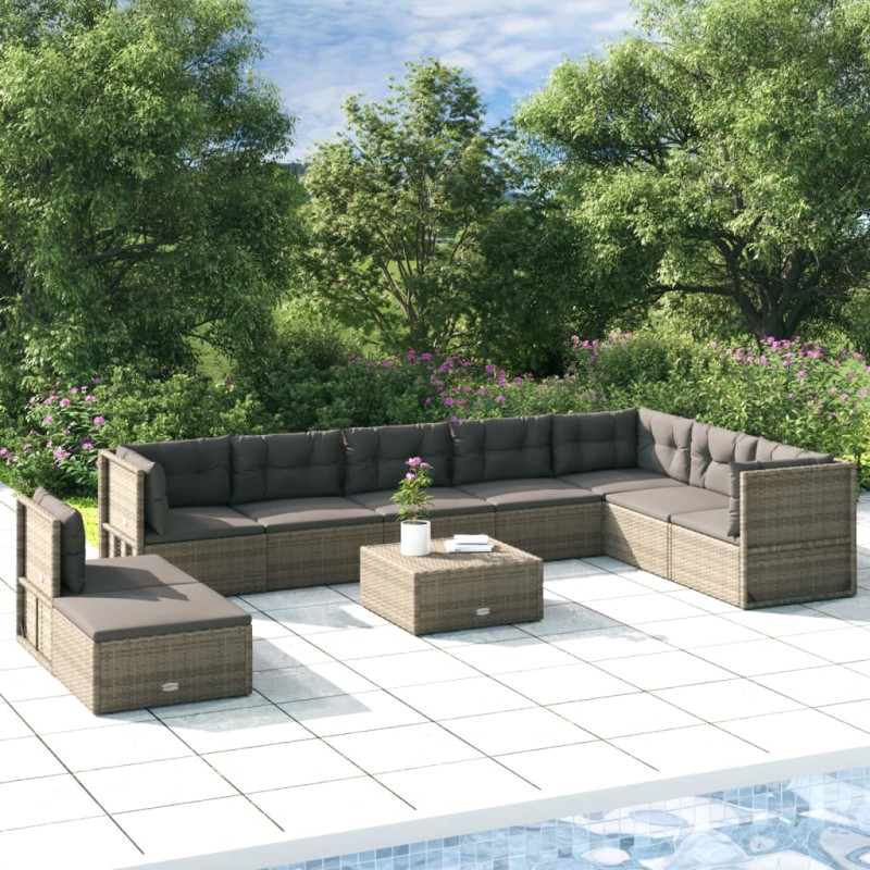 vidaXL Set de muebles de jardín 9 pzas y cojines ratán sintético gris vidaXL Set de muebles de jardín 9 pzas y cojines ratán sintético gris