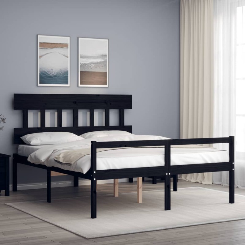 vidaXL Cama matrimonio personas mayores cabecero madera maciza negro vidaXL Cama matrimonio personas mayores cabecero madera maciza negro
