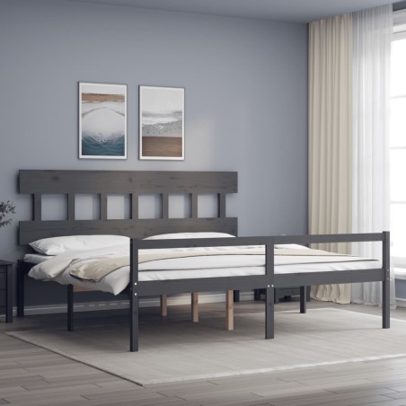 vidaXL Cama de matrimonio personas mayores cabecero madera maciza gris