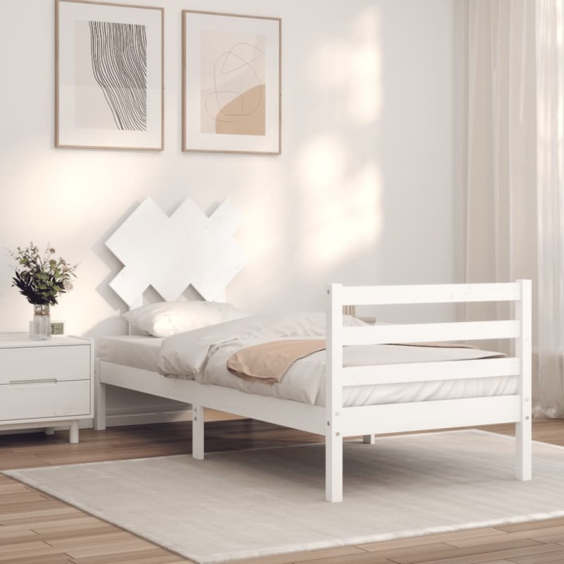 vidaXL Estructura de cama con cabecero madera maciza blanco 90x200 cm vidaXL Estructura de cama con cabecero madera maciza blanco 90x200 cm