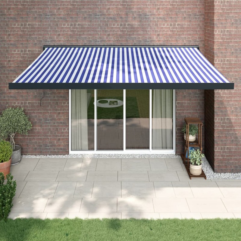 vidaXL Toldo retráctil aluminio y tela azul y blanco 4x3 m vidaXL Toldo retráctil aluminio y tela azul y blanco 4x3 m