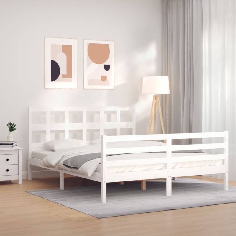 vidaXL Estructura de cama matrimonio con cabecero madera maciza blanco vidaXL Estructura de cama matrimonio con cabecero madera maciza blanco
