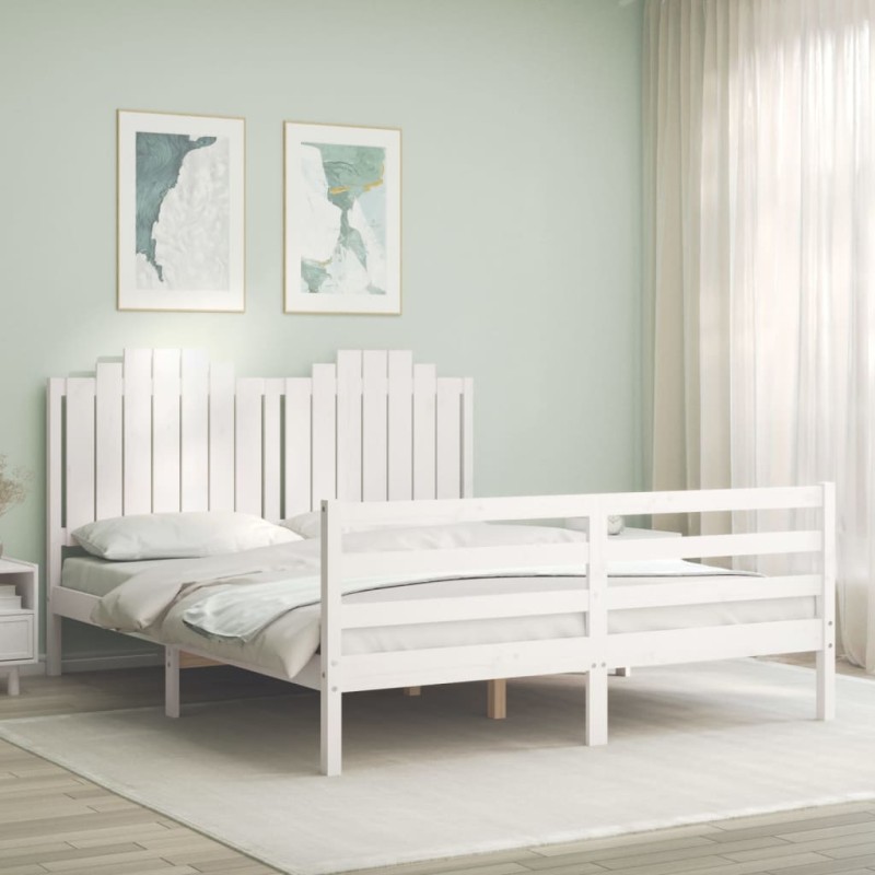 vidaXL Estructura de cama matrimonio con cabecero madera maciza blanco