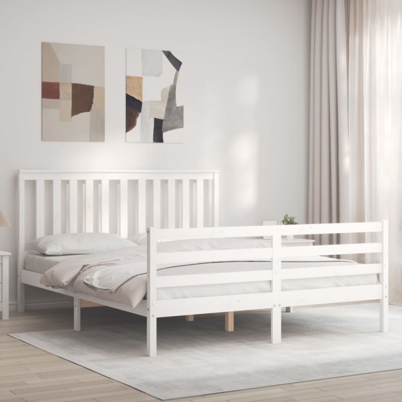 vidaXL Estructura de cama con cabecero madera maciza blanco 160x200 cm vidaXL Estructura de cama con cabecero madera maciza blanco 160x200 cm