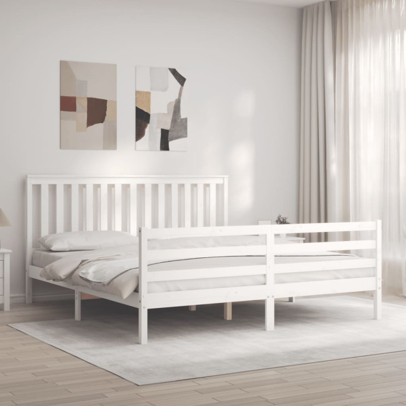 vidaXL Estructura cama de matrimonio con cabecero madera maciza blanco vidaXL Estructura cama de matrimonio con cabecero madera maciza blanco