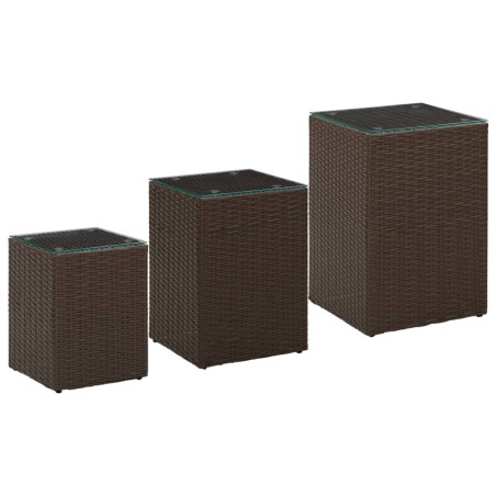 vidaXL Mesa auxiliar 3 pzas superficie vidrio ratán sintético marrón