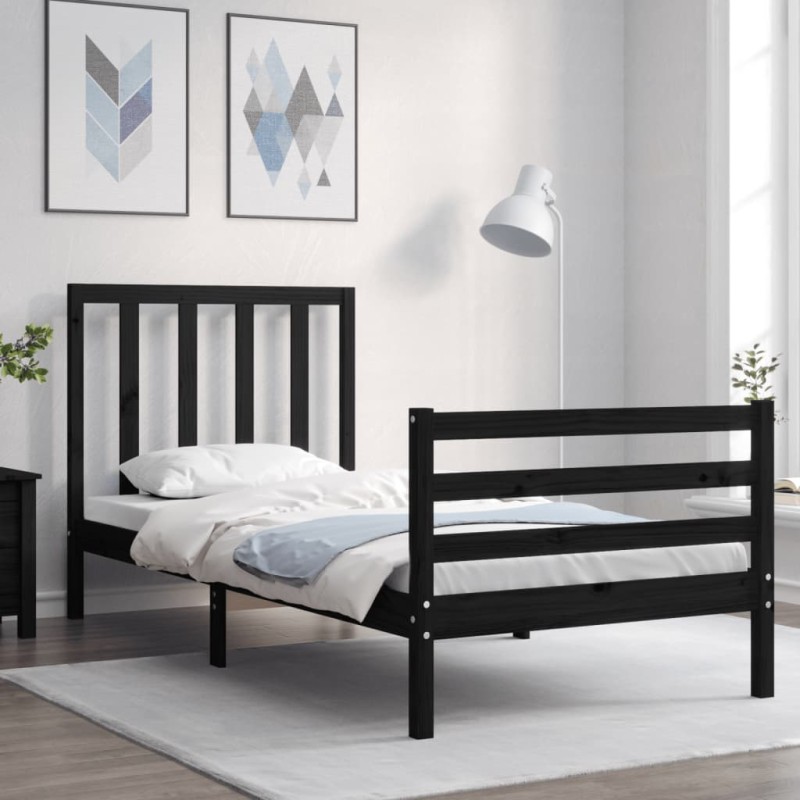 vidaXL Estructura de cama con cabecero madera maciza negro 90x200 cm vidaXL Estructura de cama con cabecero madera maciza negro 90x200 cm
