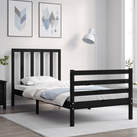 vidaXL Estructura de cama con cabecero madera maciza negro 90x200 cm