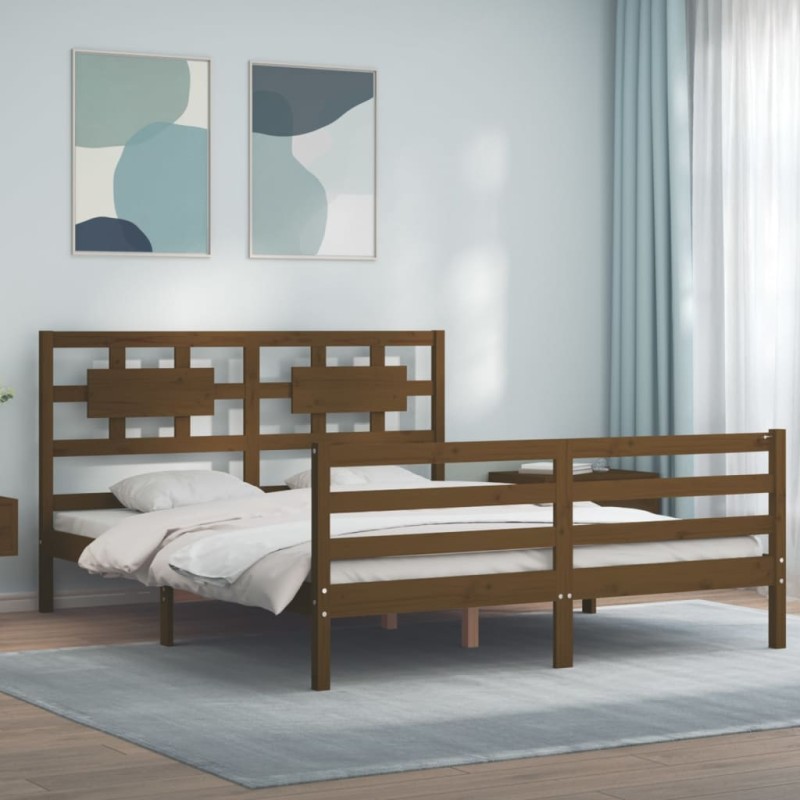 vidaXL Estructura de cama matrimonio con cabecero madera marrón miel vidaXL Estructura de cama matrimonio con cabecero madera marrón miel