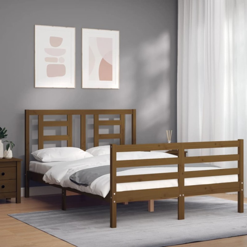 vidaXL Estructura cama y cabecero madera maciza marrón miel 140x200 cm vidaXL Estructura cama y cabecero madera maciza marrón miel 140x200 cm