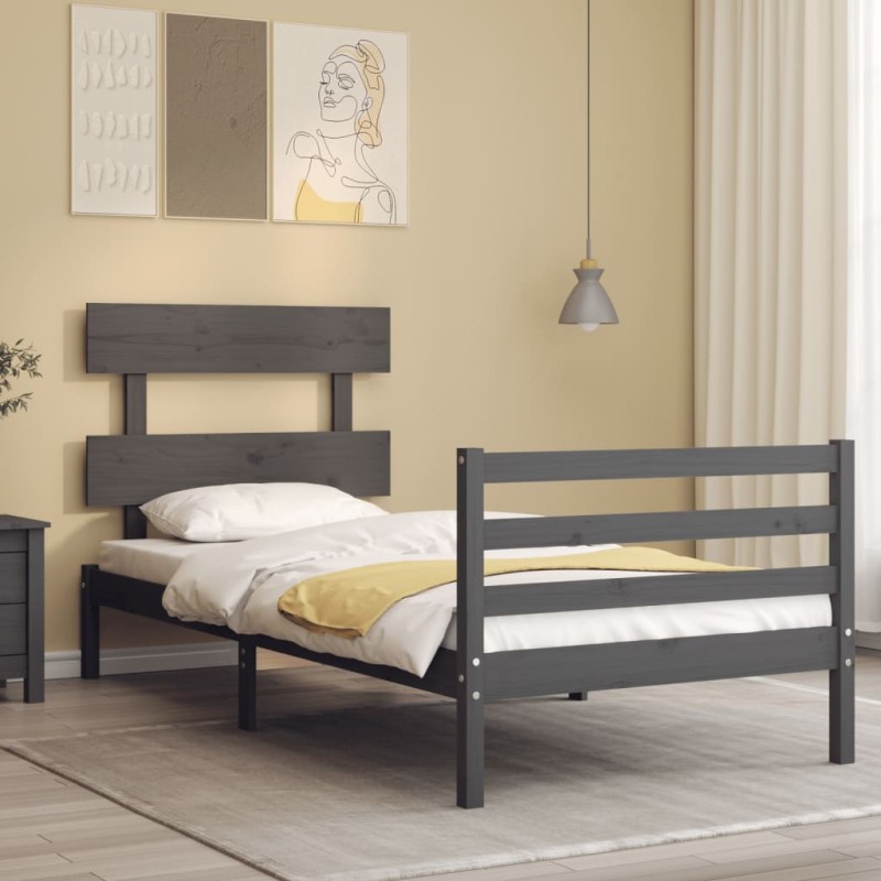 vidaXL Estructura de cama con cabecero madera maciza gris 90x200 cm vidaXL Estructura de cama con cabecero madera maciza gris 90x200 cm