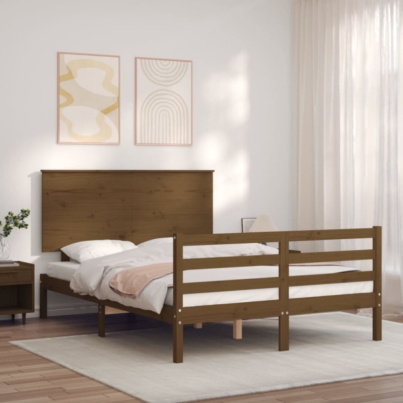 vidaXL Estructura cama y cabecero madera maciza marrón miel 140x200 cm vidaXL Estructura cama y cabecero madera maciza marrón miel 140x200 cm