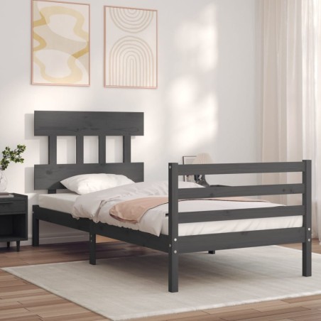 vidaXL Estructura de cama con cabecero madera maciza gris 90x200 cm