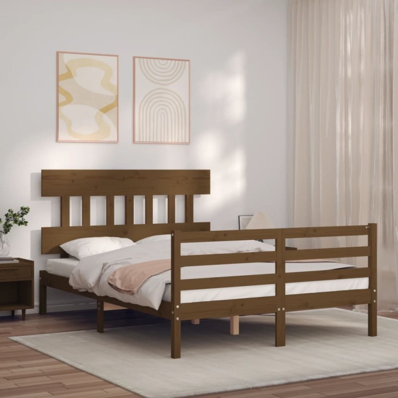 vidaXL Estructura de cama matrimonio con cabecero madera marrón miel vidaXL Estructura de cama matrimonio con cabecero madera marrón miel