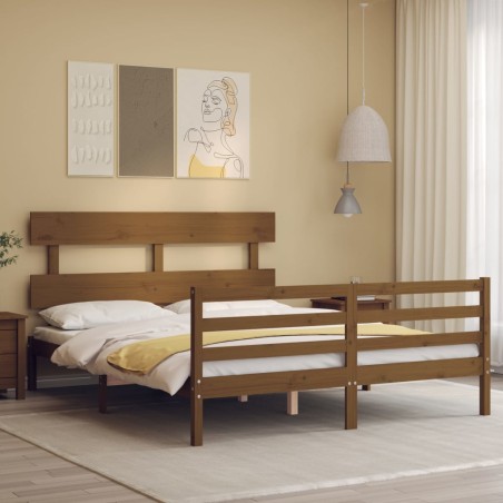 vidaXL Estructura de cama matrimonio con cabecero madera marrón miel