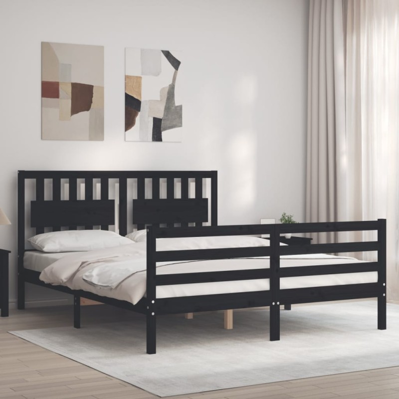 vidaXL Estructura de cama con cabecero madera maciza negro 160x200 cm vidaXL Estructura de cama con cabecero madera maciza negro 160x200 cm