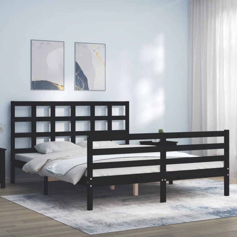 vidaXL Estructura de cama con cabecero madera maciza negro 160x200 cm vidaXL Estructura de cama con cabecero madera maciza negro 160x200 cm