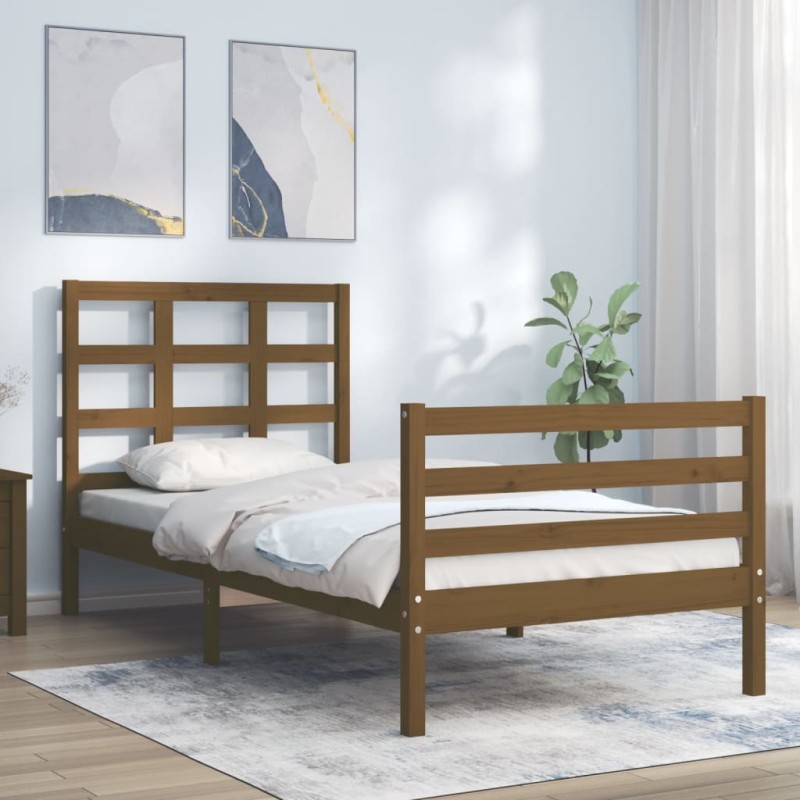 vidaXL Estructura cama con cabecero madera maciza marrón miel 90x200cm vidaXL Estructura cama con cabecero madera maciza marrón miel 90x200cm