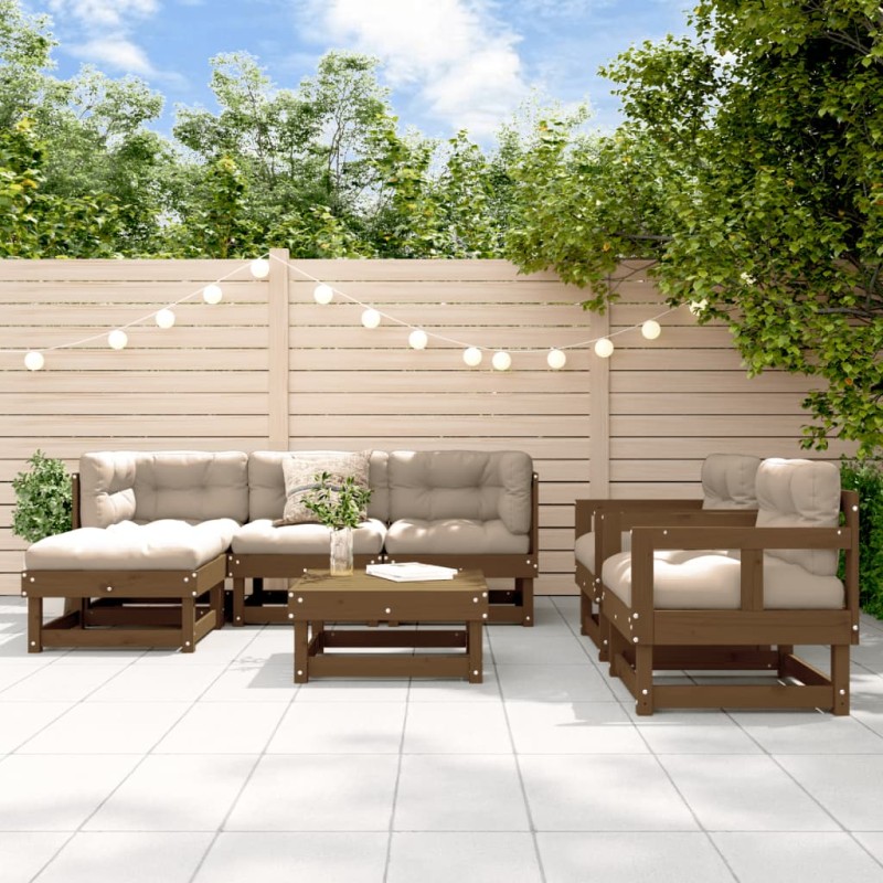 vidaXL Juego de muebles jardín 7 pzas madera maciza pino marrón miel vidaXL Juego de muebles jardín 7 pzas madera maciza pino marrón miel