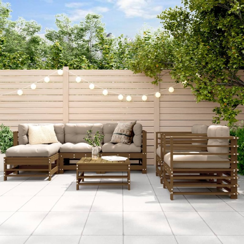 vidaXL Juego de muebles jardín 7 pzas madera maciza pino marrón miel vidaXL Juego de muebles jardín 7 pzas madera maciza pino marrón miel