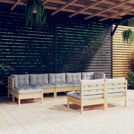 vidaXL Juego de muebles de jardín 9 pzas y cojines madera pino gris