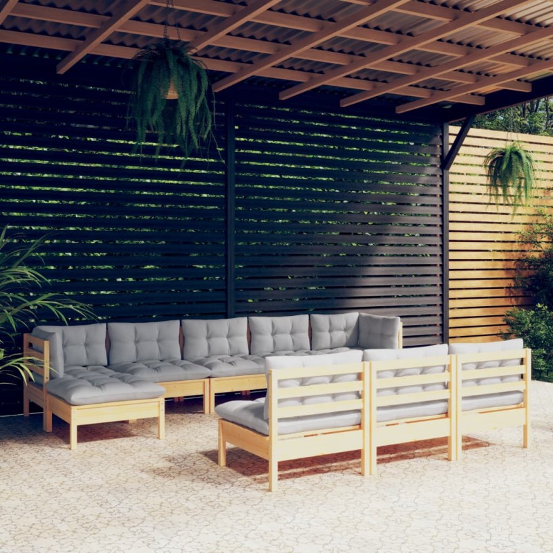 vidaXL Juego de muebles de jardín 10 pzas y cojines madera pino gris vidaXL Juego de muebles de jardín 10 pzas y cojines madera pino gris