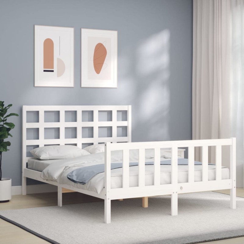 vidaXL Estructura cama de matrimonio con cabecero madera maciza blanco vidaXL Estructura cama de matrimonio con cabecero madera maciza blanco