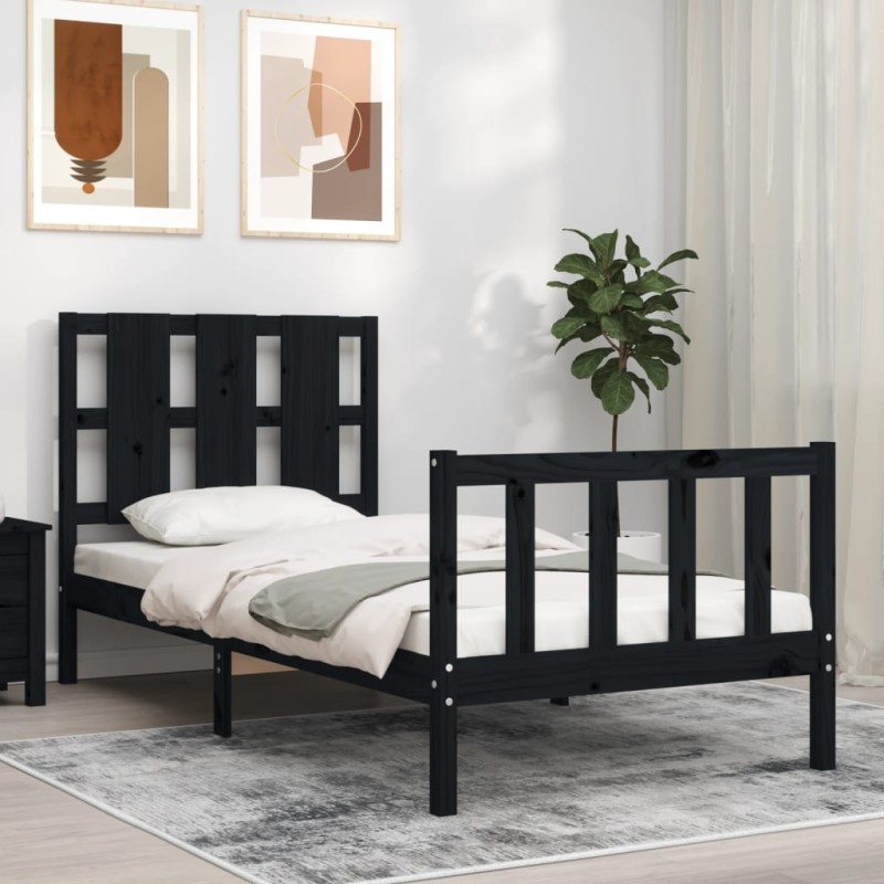 vidaXL Estructura de cama con cabecero madera maciza negro 90x200 cm vidaXL Estructura de cama con cabecero madera maciza negro 90x200 cm