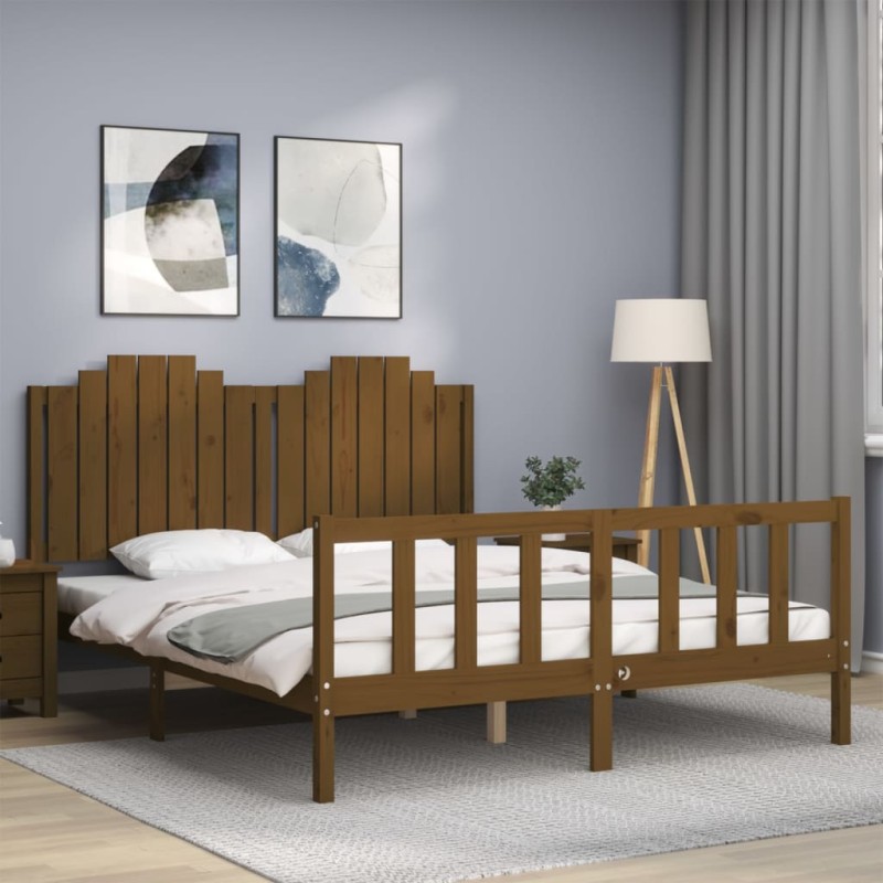 vidaXL Estructura de cama matrimonio con cabecero madera marrón miel vidaXL Estructura de cama matrimonio con cabecero madera marrón miel