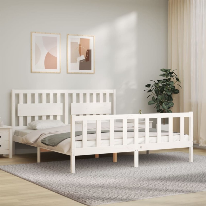 vidaXL Estructura cama de matrimonio con cabecero madera maciza blanco vidaXL Estructura cama de matrimonio con cabecero madera maciza blanco