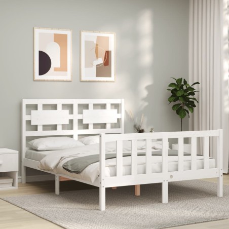 vidaXL Estructura cama de matrimonio con cabecero madera maciza blanco